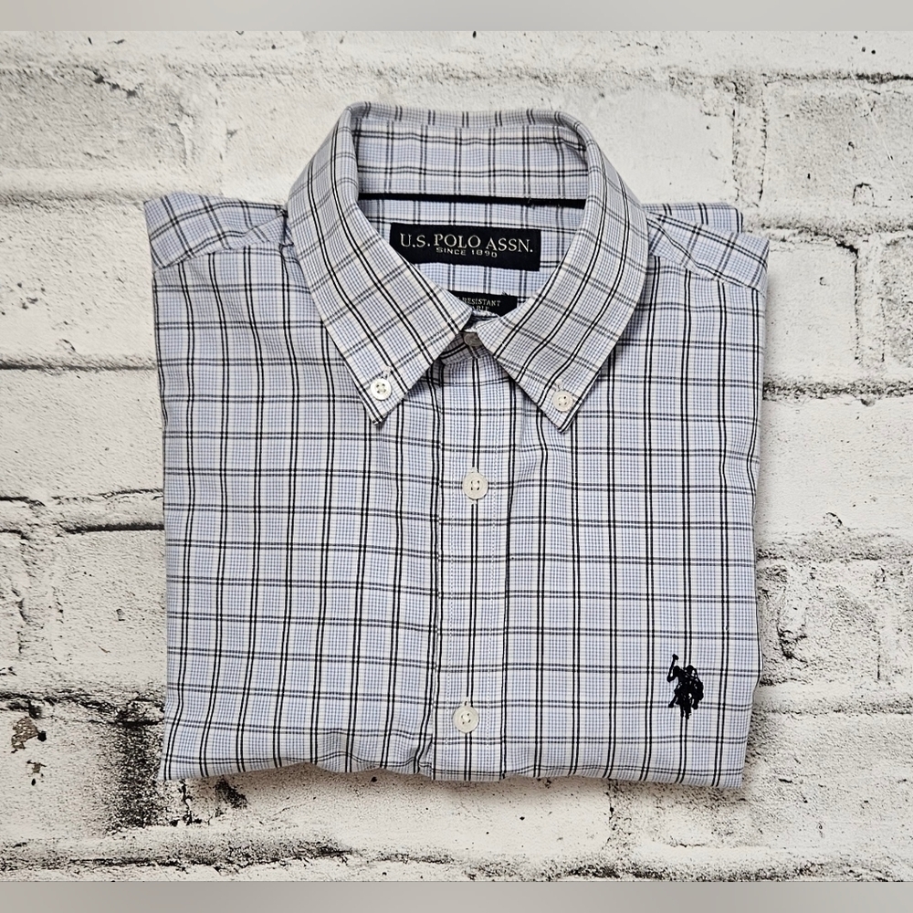 U.S. Polo Assn Mens Check Dress Shirt 15 32 33 Blue White Button Down